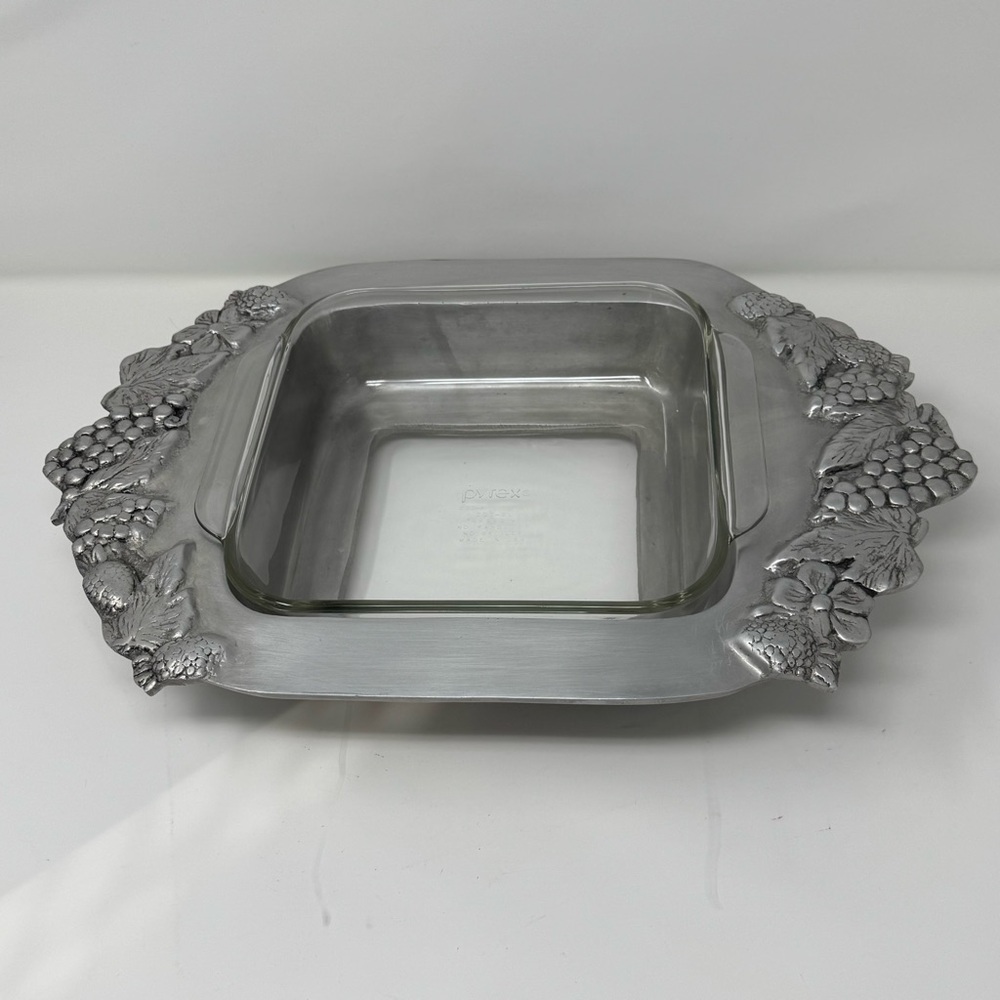 Vintage Pyrex Clear Glassware with aluminum grapevine pattern with8×8 Pyrex dish